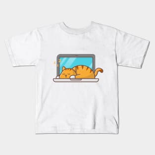 The cute cat is sleeping on laptop Kids T-Shirt